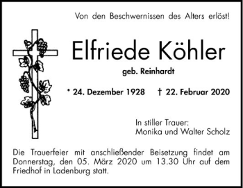 Traueranzeige von Elfriede Köhler von Mannheimer Morgen