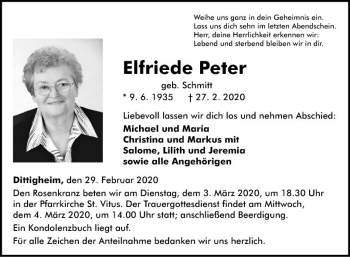 Traueranzeige von Elfriede Peter von Fränkische Nachrichten