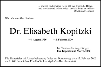 Traueranzeige von Elisabeth Kopitzki von Mannheimer Morgen