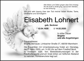 Traueranzeige von Elisabeth Lohnert von Mannheimer Morgen