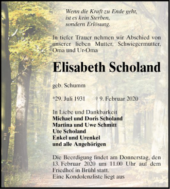Traueranzeige von Elisabeth Scholand von Schwetzinger Zeitung