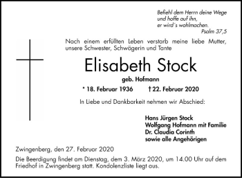 Traueranzeige von Elisabeth Stock von Bergsträßer Anzeiger