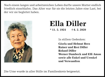 Traueranzeige von Ella Diller von Fränkische Nachrichten