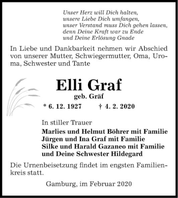 Traueranzeige von Elli Graf von Fränkische Nachrichten