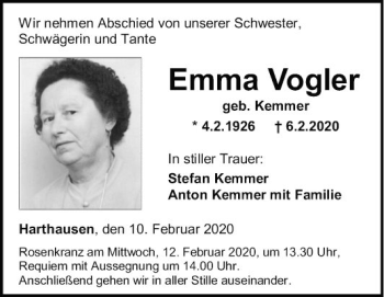 Traueranzeige von Emma Vogler von Fränkische Nachrichten