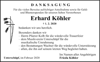 Traueranzeige von Erhard Köhler von Fränkische Nachrichten