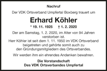 Traueranzeige von Erhard Köhler von Fränkische Nachrichten