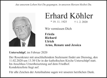 Traueranzeige von Erhard Köhler von Fränkische Nachrichten