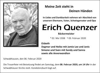 Traueranzeige von Erich Quenzer von Fränkische Nachrichten