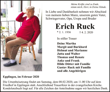 Traueranzeige von Erich Ruck von Fränkische Nachrichten