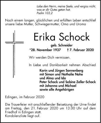 Traueranzeige von Erika Schock von Mannheimer Morgen