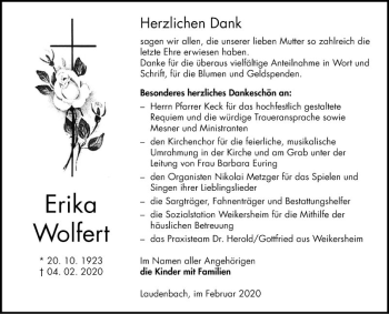 Traueranzeige von Erika Wolfert von Fränkische Nachrichten