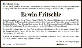 Traueranzeige von Erwin Fritschle von Fränkische Nachrichten