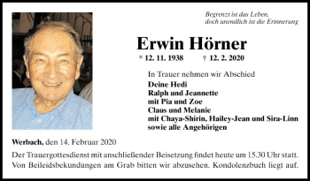 Traueranzeige von Erwin Hörner von Fränkische Nachrichten