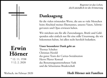 Traueranzeige von Erwin Hörner von Fränkische Nachrichten