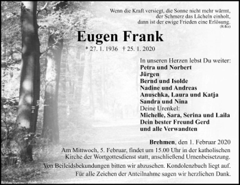 Traueranzeige von Eugen Frank von Fränkische Nachrichten