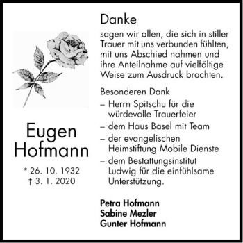 Traueranzeige von Eugen Hofmann von Fränkische Nachrichten