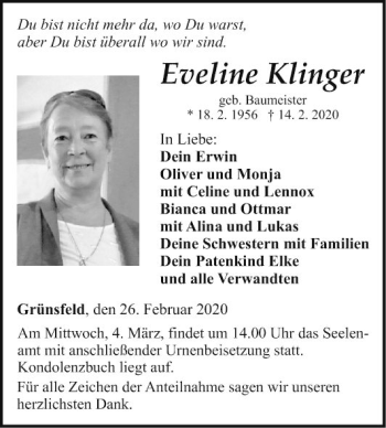 Traueranzeige von Eveline Klinger von Fränkische Nachrichten