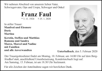 Traueranzeige von Franz Faul von Fränkische Nachrichten