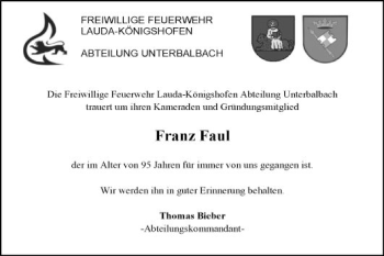 Traueranzeige von Franz Faul von Fränkische Nachrichten