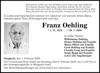 Traueranzeige von Franz Oehling von Fränkische Nachrichten