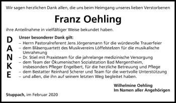 Traueranzeige von Franz Oehling von Fränkische Nachrichten