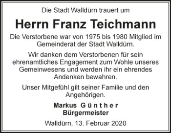 Traueranzeige von Franz Teichmann von Fränkische Nachrichten
