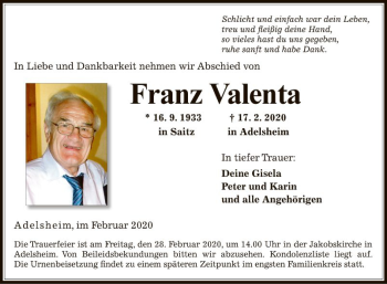 Traueranzeige von Franz Valenta von Fränkische Nachrichten