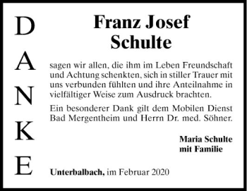 Traueranzeige von Franz Josef Schulte von Fränkische Nachrichten