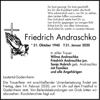 Traueranzeige von Friedrich Andraschko von Bergsträßer Anzeiger