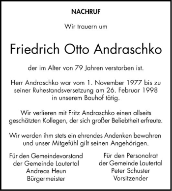 Traueranzeige von Friedrich Otto Andraschko von Bergsträßer Anzeiger