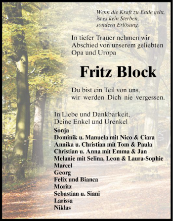 Traueranzeige von Fritz Block von Fränkische Nachrichten