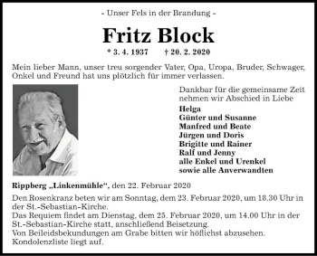 Traueranzeige von Fritz Block von Fränkische Nachrichten