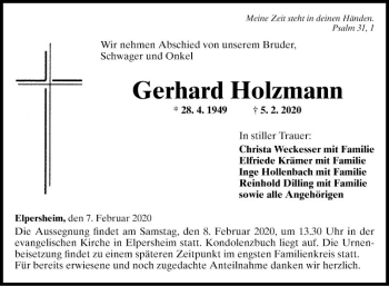 Traueranzeige von Gerhard Holzmann von Fränkische Nachrichten