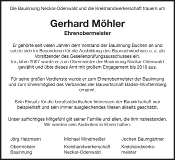 Traueranzeige von Gerhard Möhler von Fränkische Nachrichten