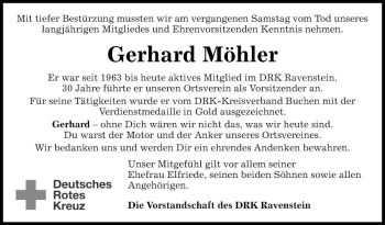 Traueranzeige von Gerhard Möhler von Fränkische Nachrichten