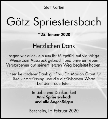 Traueranzeige von Götz Spriestersbach von Bergsträßer Anzeiger