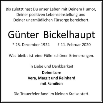 Traueranzeige von Günter Bickelhaupt von Mannheimer Morgen
