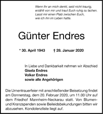 Traueranzeige von Günter Endres von Mannheimer Morgen