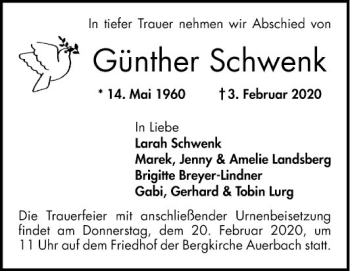 Traueranzeige von Günther Schwenk von Bergsträßer Anzeiger