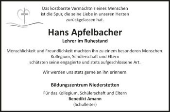 Traueranzeige von Hans Apfelbacher von Fränkische Nachrichten