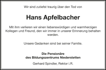 Traueranzeige von Hans Apfelbacher von Fränkische Nachrichten