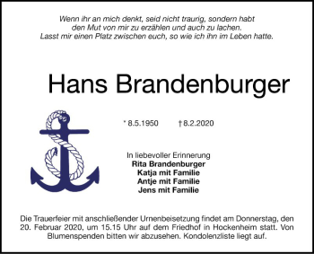 Traueranzeige von Hans Brandenburger von Schwetzinger Zeitung