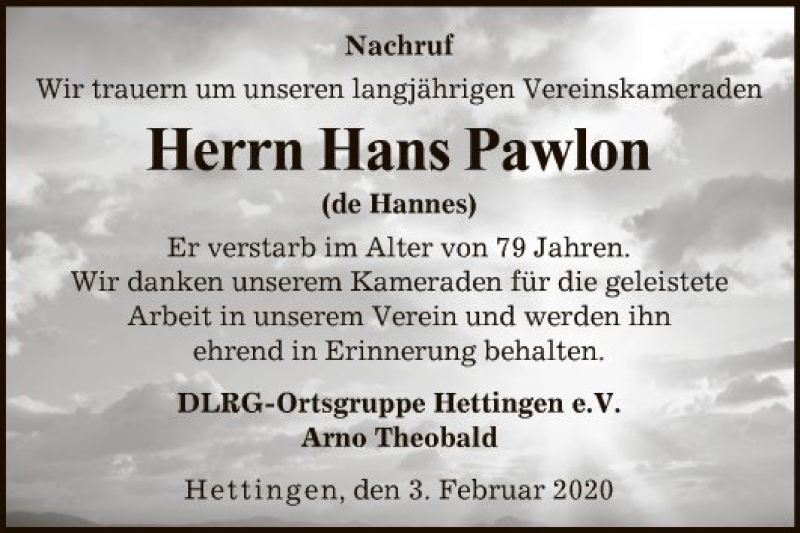  Traueranzeige für Hans Pawlon vom 03.02.2020 aus Fränkische Nachrichten