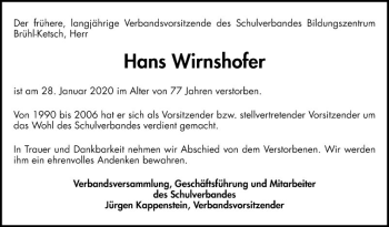 Traueranzeige von Hans Wirnshofer von Schwetzinger Zeitung