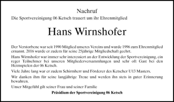 Traueranzeige von Hans Wirnshofer von Schwetzinger Zeitung