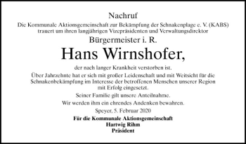 Traueranzeige von Hans Wirnshofer von Schwetzinger Zeitung