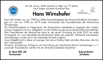 Traueranzeige von Hans Wirnshofer von Schwetzinger Zeitung