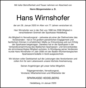 Traueranzeige von Hans Wirnshofer von Schwetzinger Zeitung