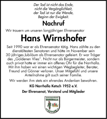 Traueranzeige von Hans Wirnshofer von Schwetzinger Zeitung